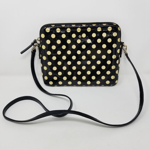 KATE SPADE Black & Cream Polka Dot Patent Leather Round Square Crossbody Bag - Picture 1 of 14
